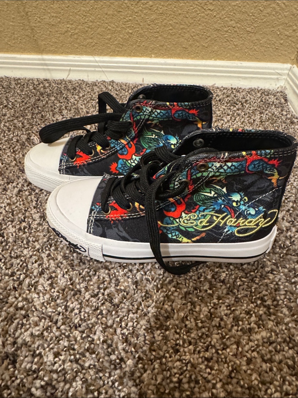 Ed Hardy Black High-Top Kids Sneakers with Colorful Dragon Print
